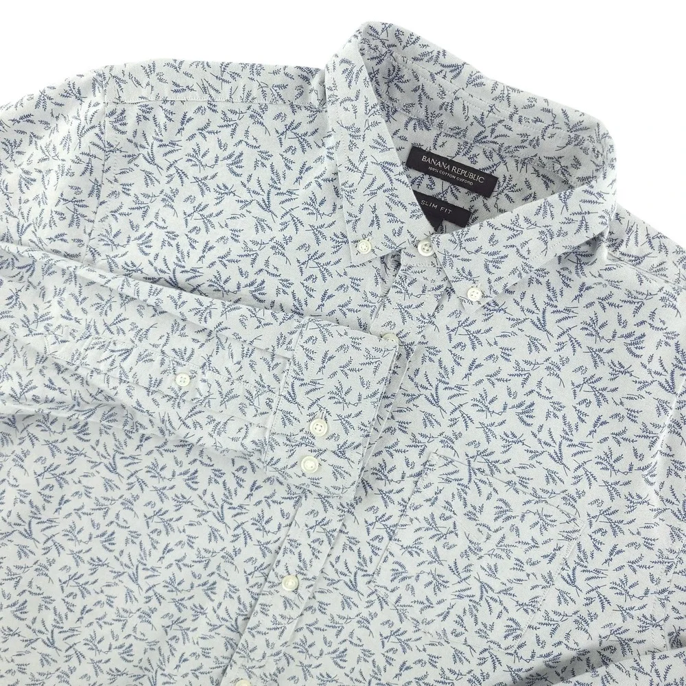 Banana Republic Shirt Mens L Gray Floral Long Sleeve Button Up Slim Fit Casual